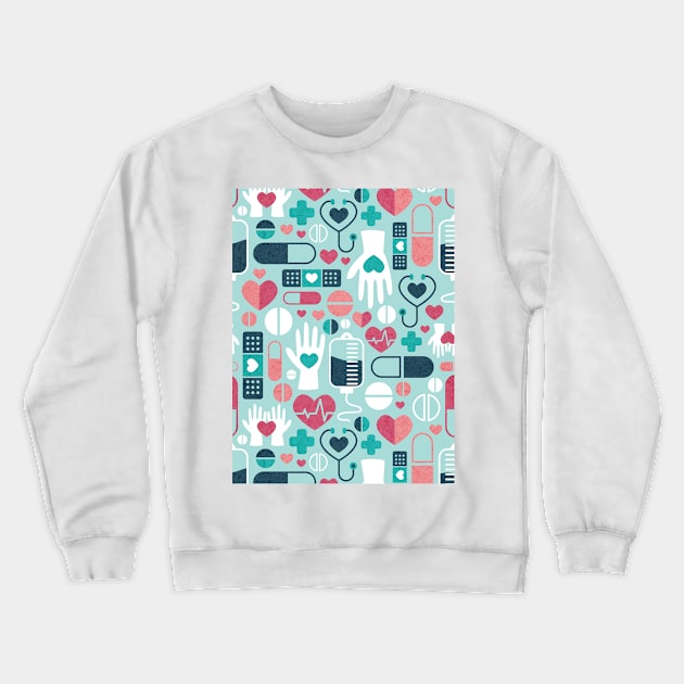 Keep safe be healthy // aqua background navy blue mint red white and coral medicine elements Crewneck Sweatshirt by SelmaCardoso